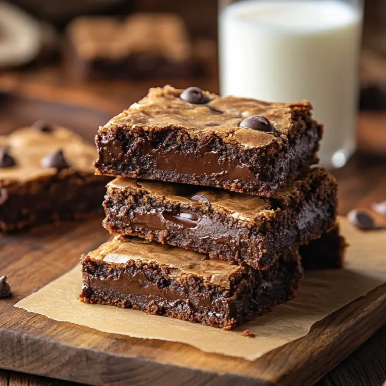 A stack of chewy chocolate cookie bars with melted chocolate chips on top