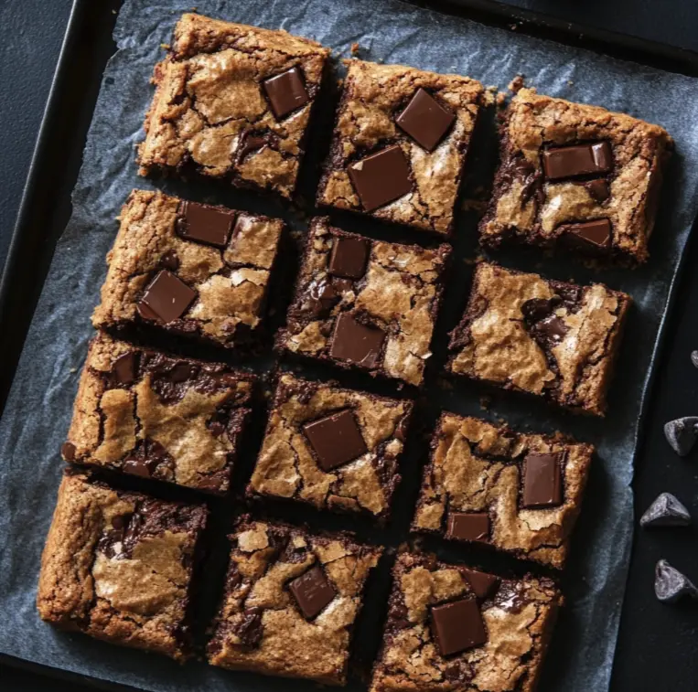 A baking tray filled with freshly baked chocolate cookie bars