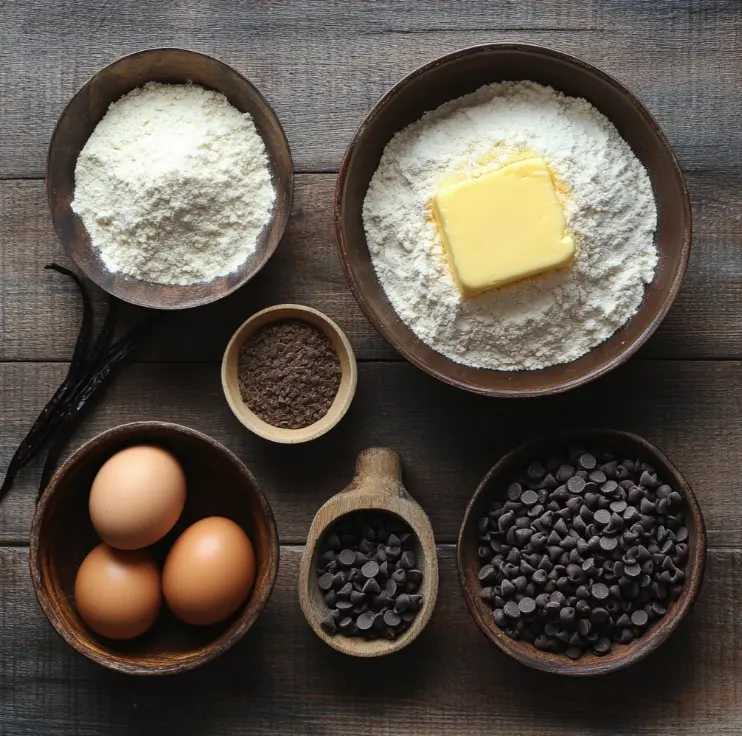 A flat lay of baking ingredients including flour, sugar, butter, eggs, and chocolate chips