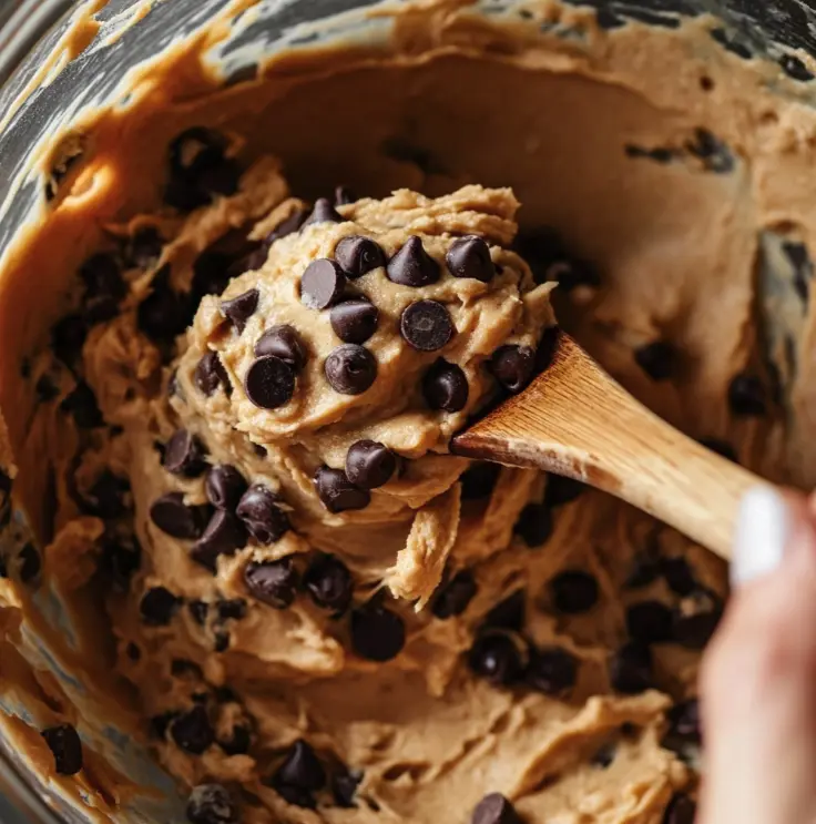 A mixing bowl filled with cookie dough being stirred with a wooden spoon.
