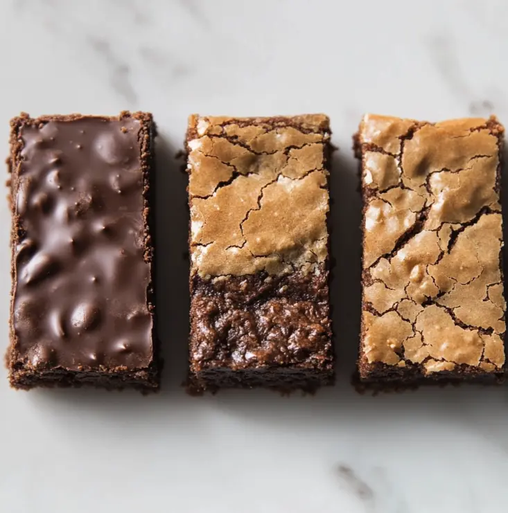 A split-screen image showing overbaked, underbaked, and perfectly baked chocolate cookie bars