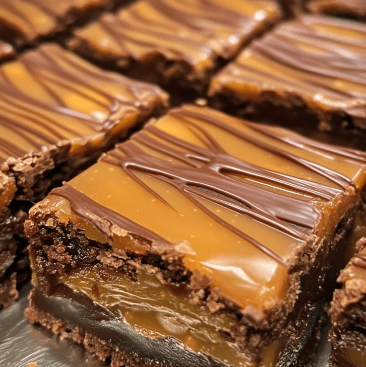 Chocolate cookie bars with a caramel drizzle and a fudge layer in the middle.