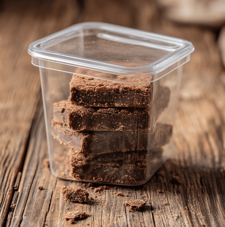 A glass container filled with neatly stacked chocolate cookie bars