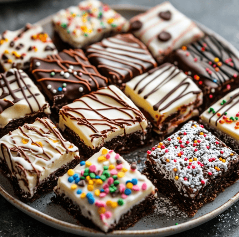 A variety of decorated chocolate cookie bars with sprinkles, drizzles, and toppings