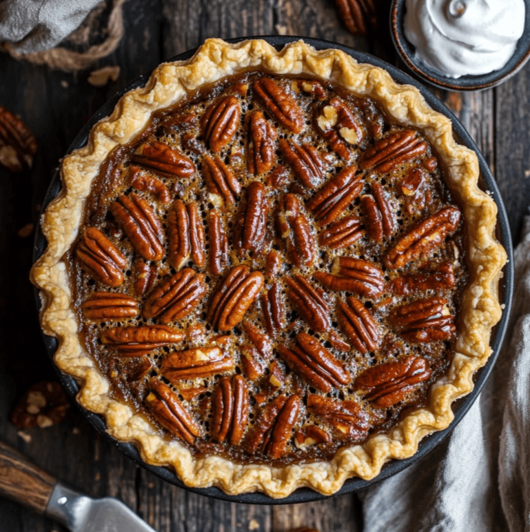 Freshly baked pecan pie with a golden crust, caramelized filling, and toasted pecans on top, served on a rustic wooden table