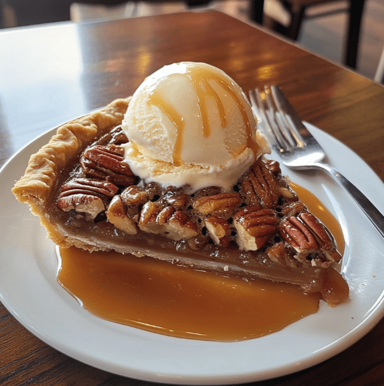 A slice of pecan pie served on a dessert plate with a scoop of vanilla ice cream melting on top.