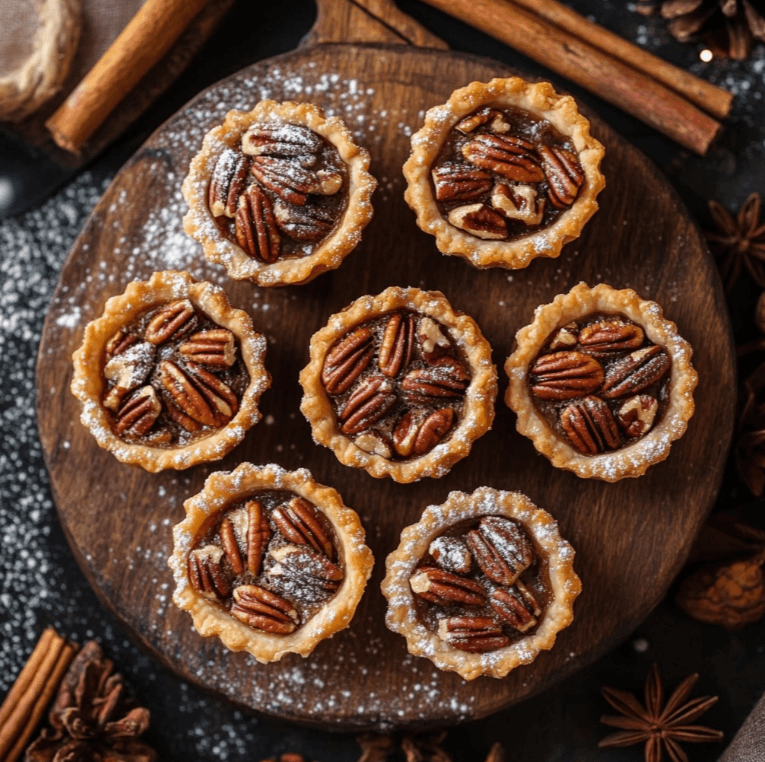 Mini pecan pies arranged on a dessert tray, ready to be served