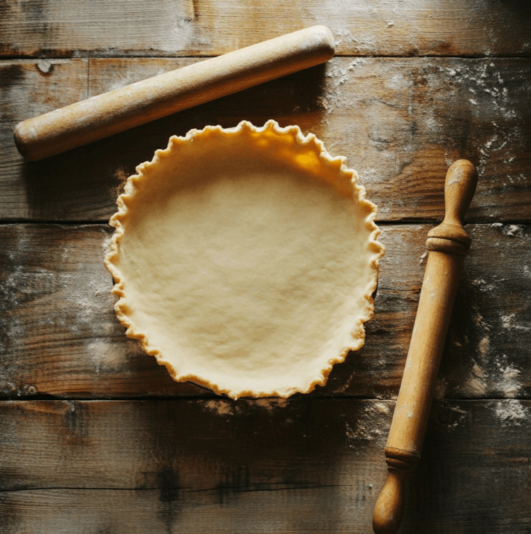 A perfectly round pie dough rolled out on a floured surface with a rolling pin beside it