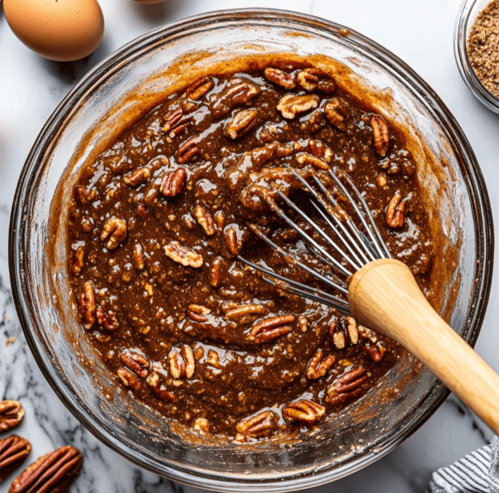 A bowl filled with glossy pecan pie filling, being whisked to the perfect consistency