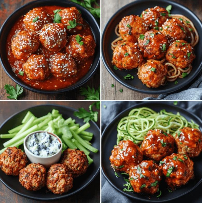 A selection of different chicken meatball dishes – Italian, Asian, Buffalo-style, and Keto.