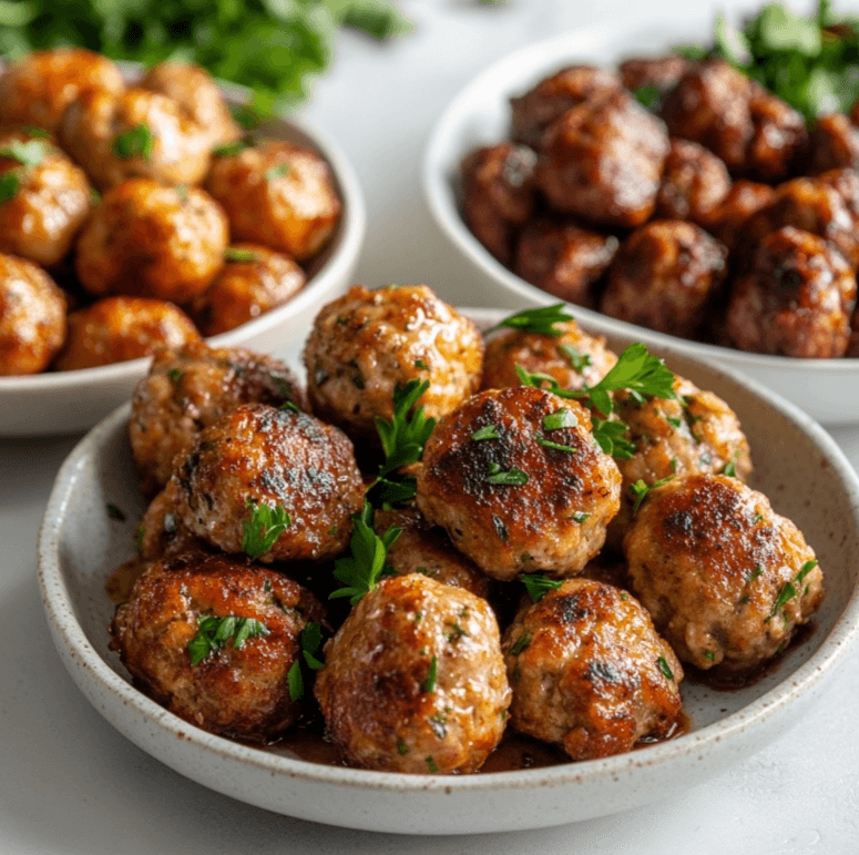 A plate of juicy chicken meatballs served with marinara sauce and fresh basil