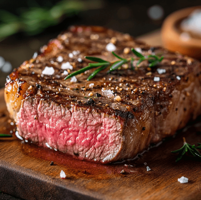 A perfectly cooked reverse-seared ribeye steak with a crispy crust, sliced on a wooden cutting board, with herbs and garlic butter.