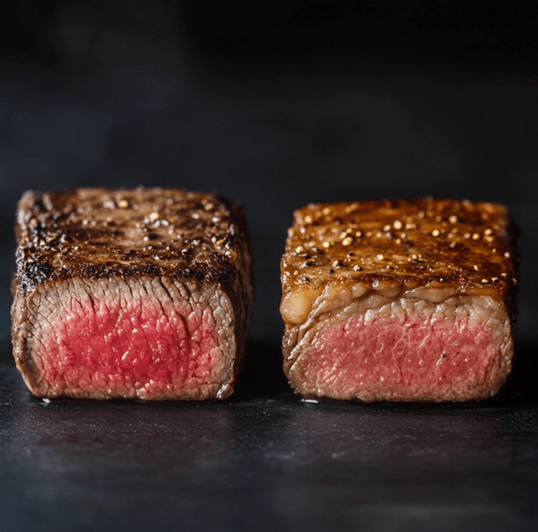 A side-by-side comparison of reverse-seared steak (evenly pink inside) vs. traditionally seared steak (overcooked edges, raw center)