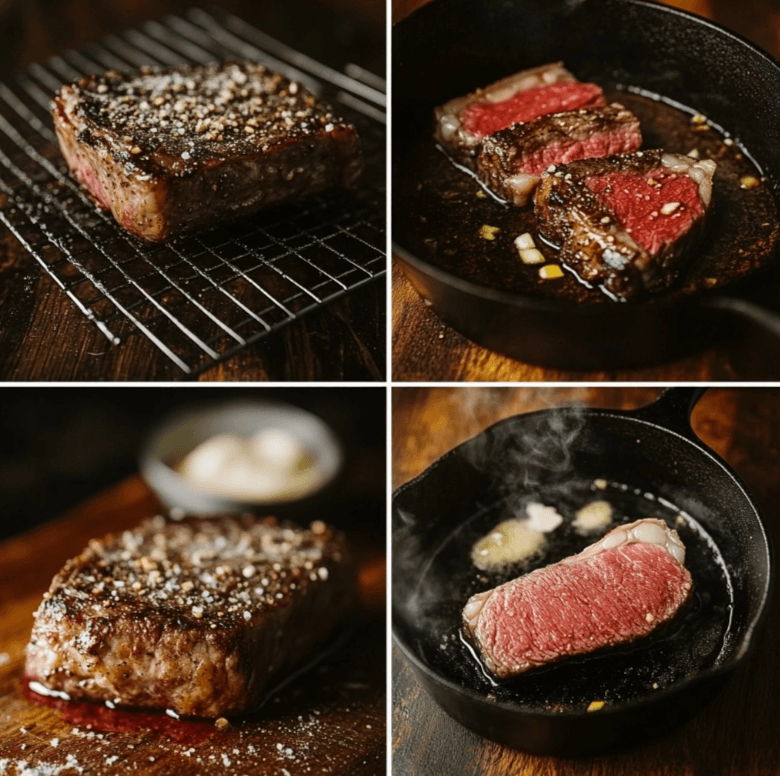 A process collage showing a steak from raw to oven-baked, then seared in a hot cast iron skillet