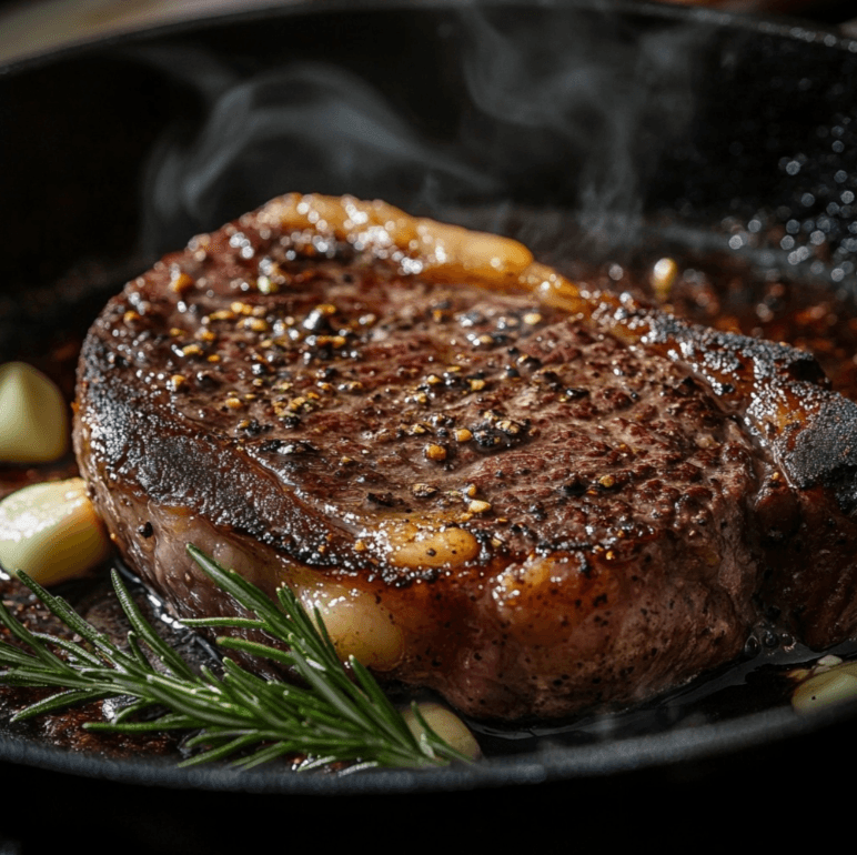 A reverse-seared steak sizzling in a cast iron skillet with butter, garlic, and rosemary