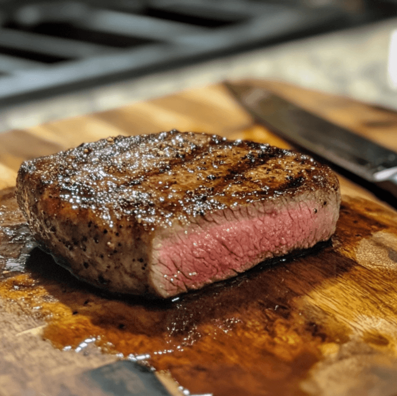 A perfectly cooked reverse-seared ribeye steak with a crispy crust, sliced on a wooden cutting board, with herbs and garlic butter