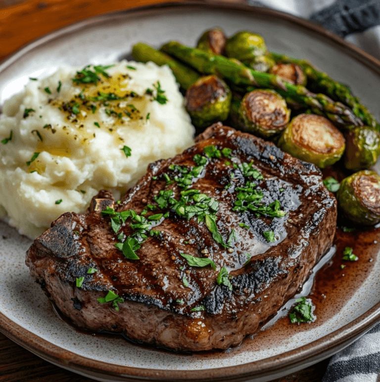 A plated reverse-seared steak served with mashed potatoes, roasted Brussels sprouts, and garlic butter asparagus.