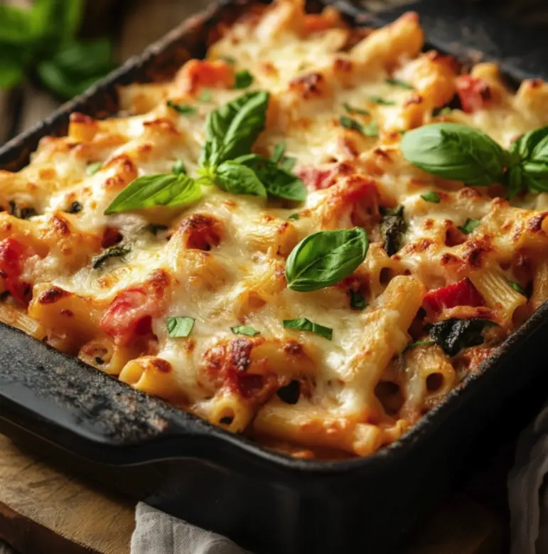 A close-up of a delicious Baked Ziti Recipe Without Meat, featuring melted cheese and colorful vegetables