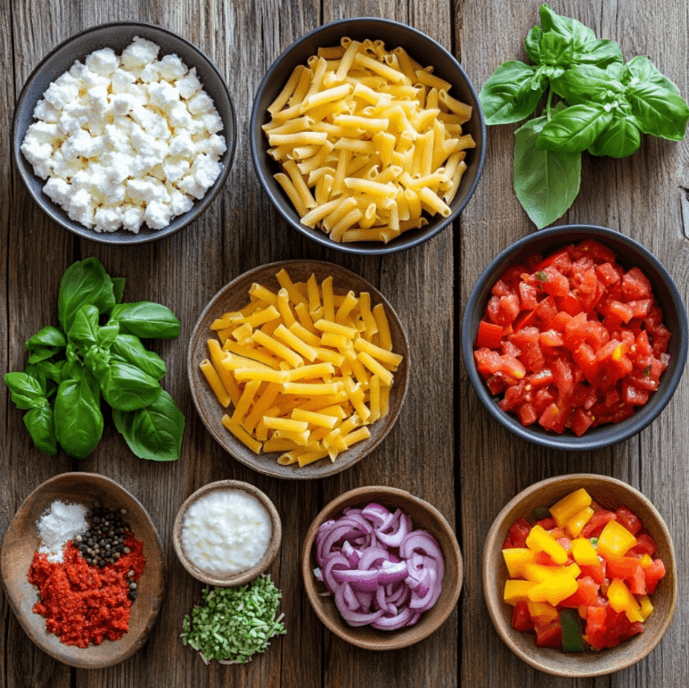 A smiling cook preparing a baked ziti recipe without meat​ in a modern kitchen.