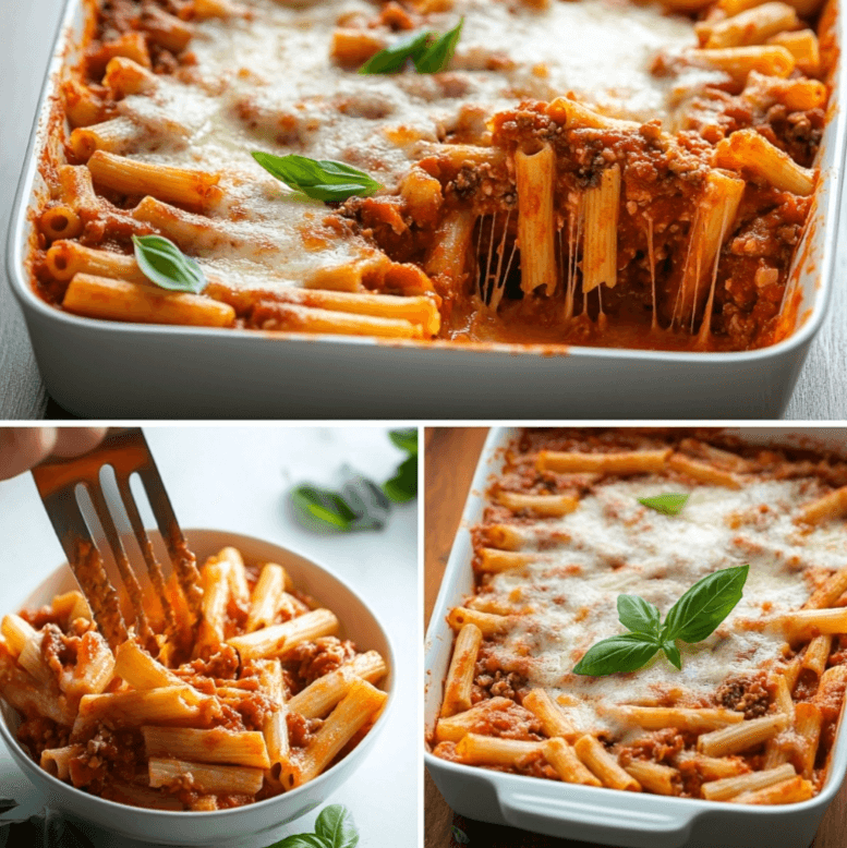 A step-by-step collage showing the process of assembling baked ziti recipe without meat​ with layers of pasta, sauce, and cheese