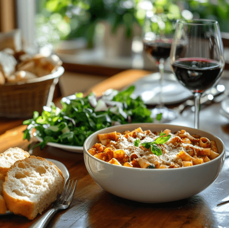 A dining table set with a bowl of baked ziti recipe without meat​, garlic bread, and a glass of red wine