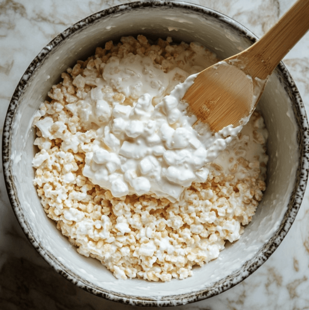A spatula folding gluten-free rice cereal into a gooey marshmallow mixture
