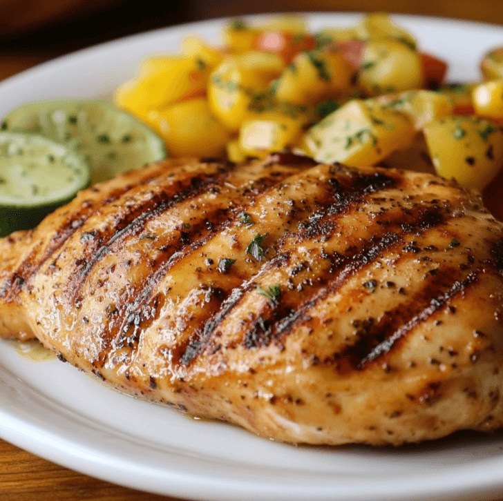 Juicy grilled chicken breast with herbs and seasoning