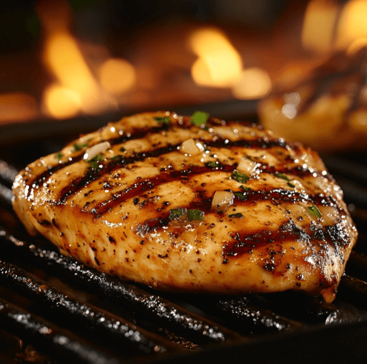 BBQ-grilled chicken with smoky flavors and grill marks.