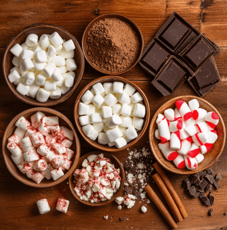 A flat-lay image of ingredients for hot chocolate bombs, including chocolate bars, cocoa powder, mini marshmallows, and optional add-ins like crushed candy canes and caramel pieces