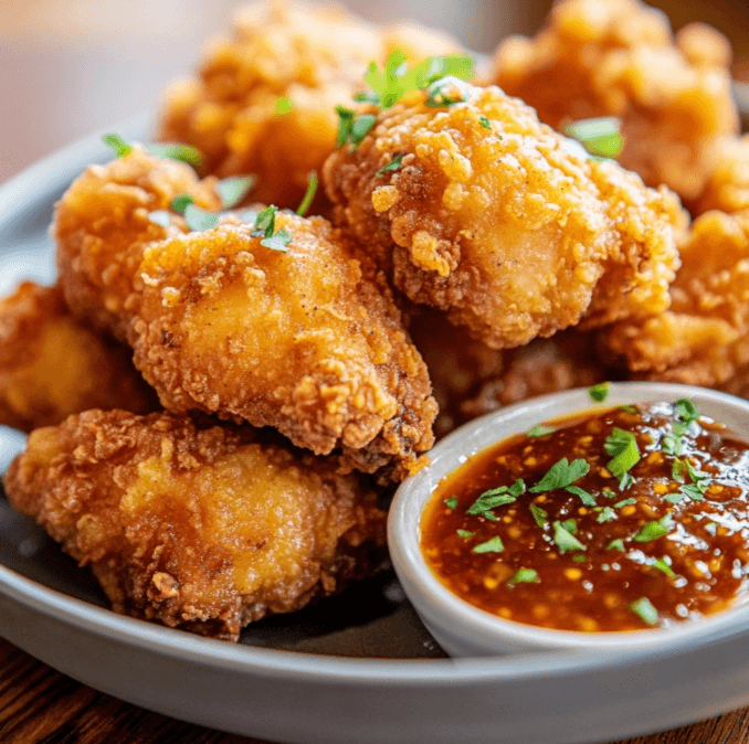 A close-up of crispy Bloomin’ Fried Chicken with a small dish of spicy bloom sauce.