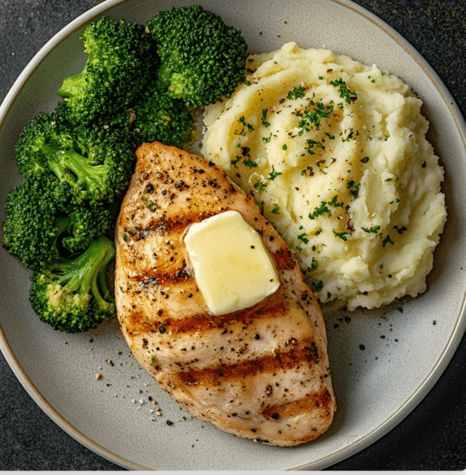  A plate with grilled chicken, mashed potatoes, and steamed broccoli.