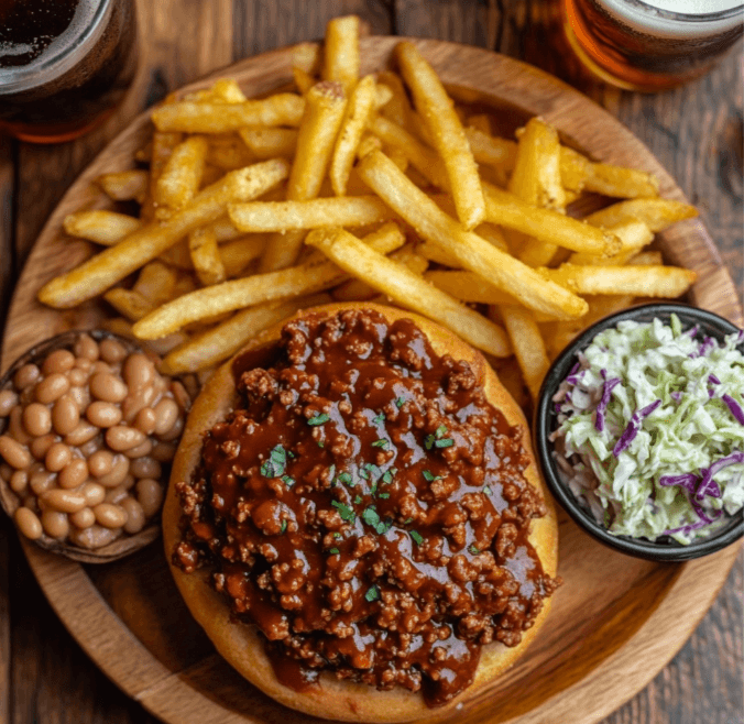  A plate of Sloppy Joes with a side of fries, coleslaw, and baked beans.