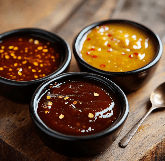 A trio of BBQ sauces in small bowls: classic smoky, spicy chipotle, and mustard-based.