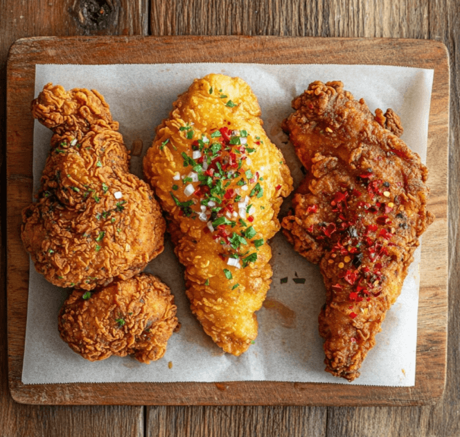 Three different versions of Bloomin’ Fried Chicken: classic fried, air-fried, and a spicy version.