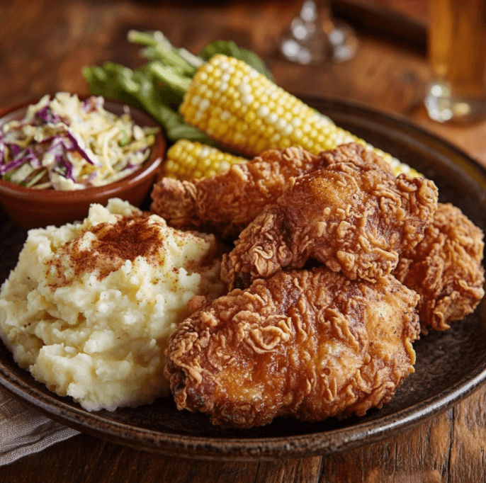 A plate of Bloomin’ Fried Chicken served with mashed potatoes, coleslaw, and corn on the cob.
