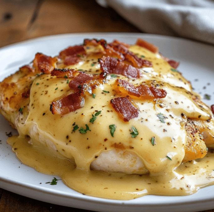 A close-up shot of Alice Springs Chicken fresh out of the oven, with golden melted cheese and crispy bacon strips.