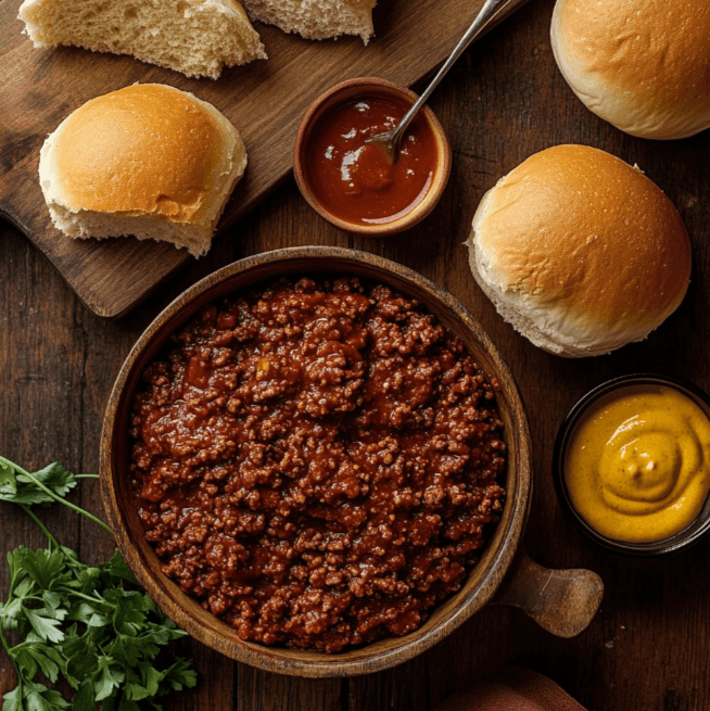 A top-down view of original Sloppy Joe ingredients, including ground beef, tomato sauce, mustard, and Worcestershire sauce.