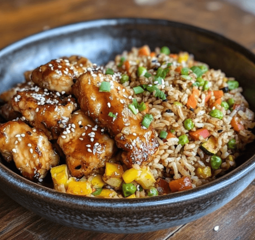 sesame chicken with vegetable fried rice