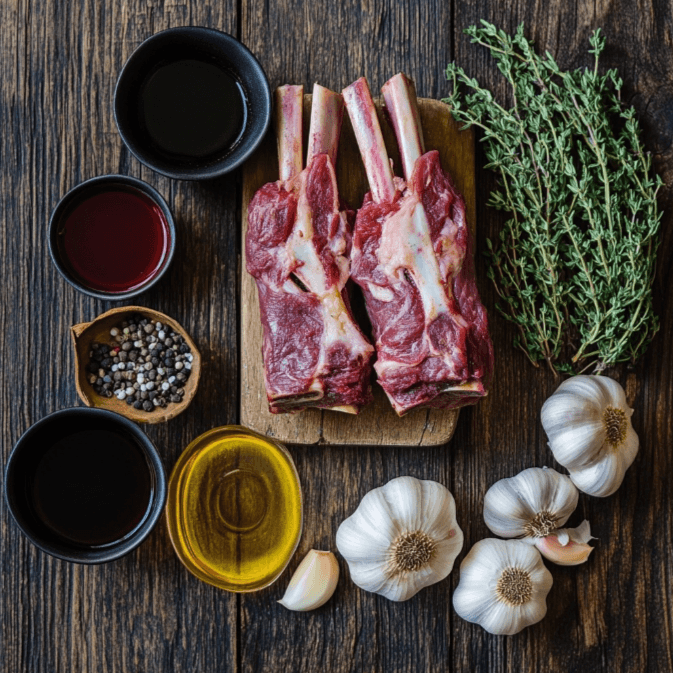 A flat lay of lamb shanks, fresh herbs, garlic, red wine, and broth