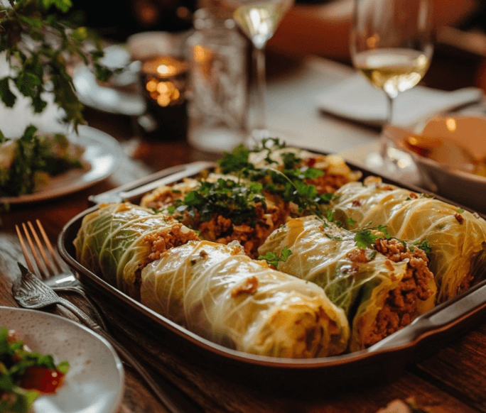 A family gathered around a dining table enjoying cabbage rolls stuffed with ground beef