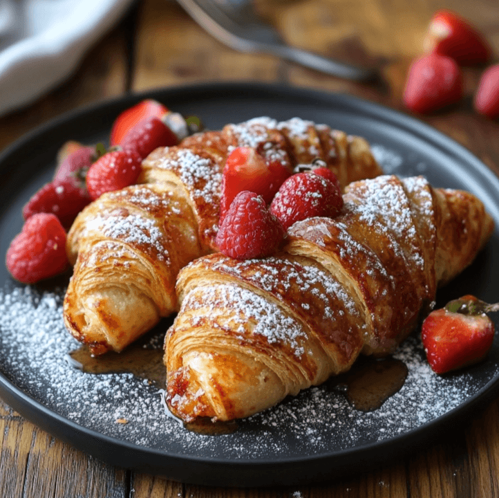 A plate of golden-brown Croissant French Toast drizzled with maple syrup and topped with fresh berries