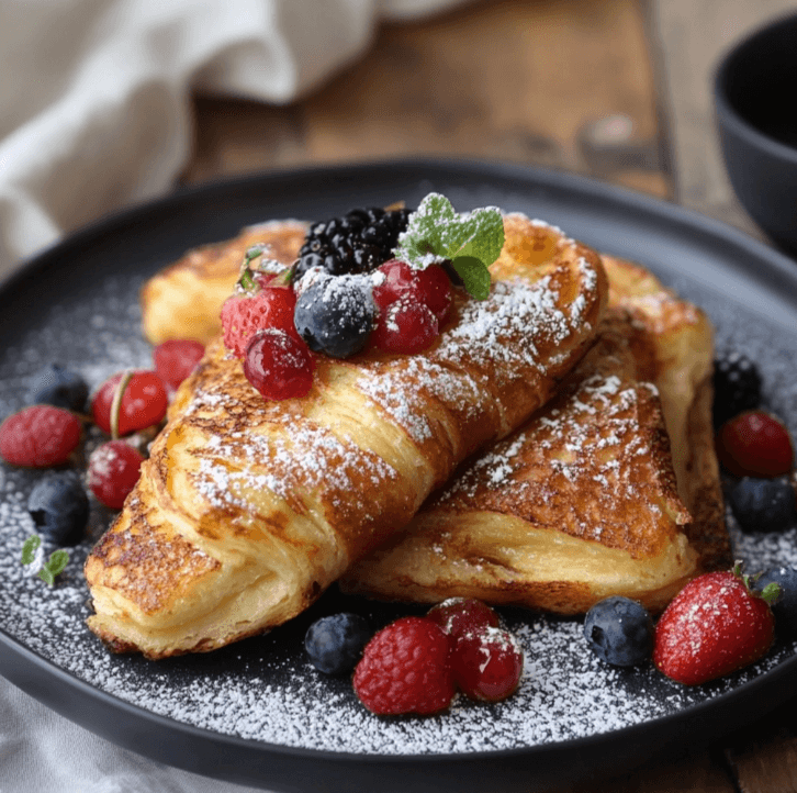 A serving of Croissant French Toast topped with maple syrup, whipped cream, and fresh berries