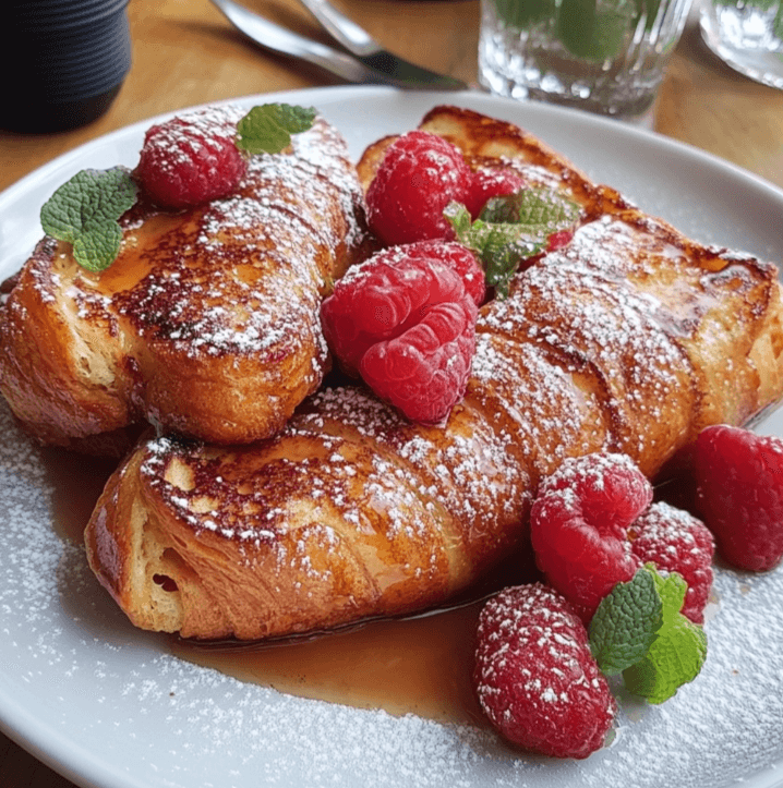 A serving of Croissant French Toast topped with maple syrup, whipped cream, and fresh berries