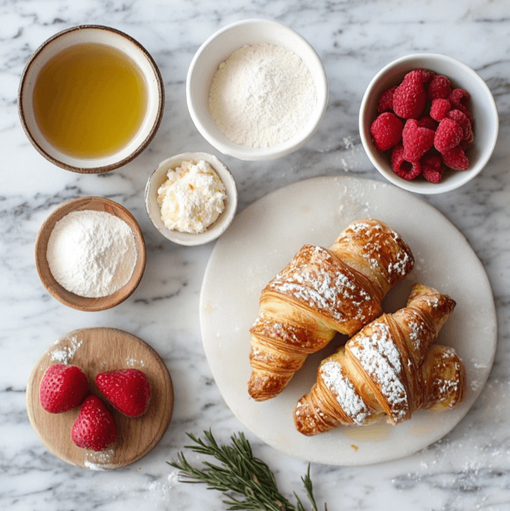 Eggs, croissants, milk, cream, cinnamon, vanilla, and sugar arranged on a countertop for making Croissant French Toast