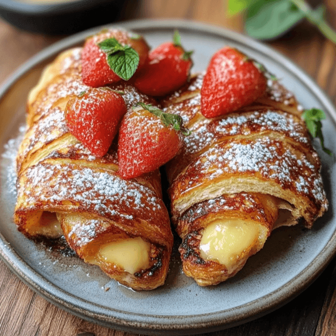 A serving of Croissant French Toast topped with maple syrup, whipped cream, and fresh berries