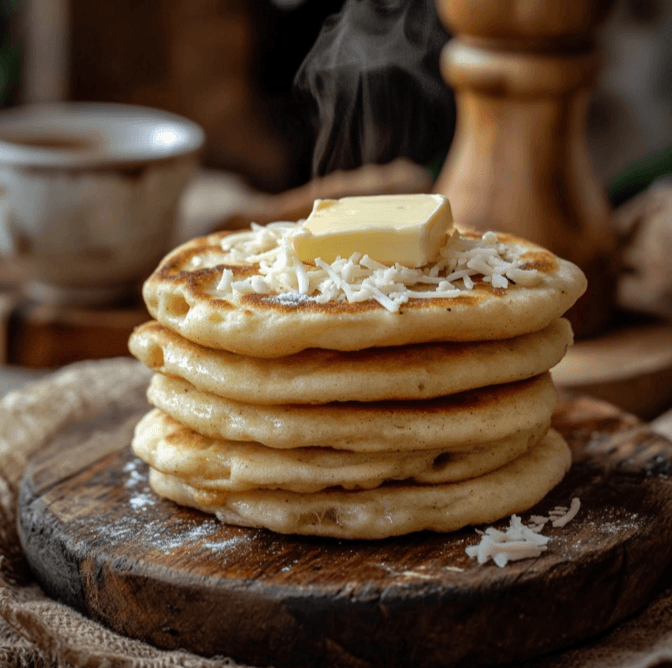 A stack of golden, crispy Arepa Antioqueña served with butter and cheese on a wooden board.