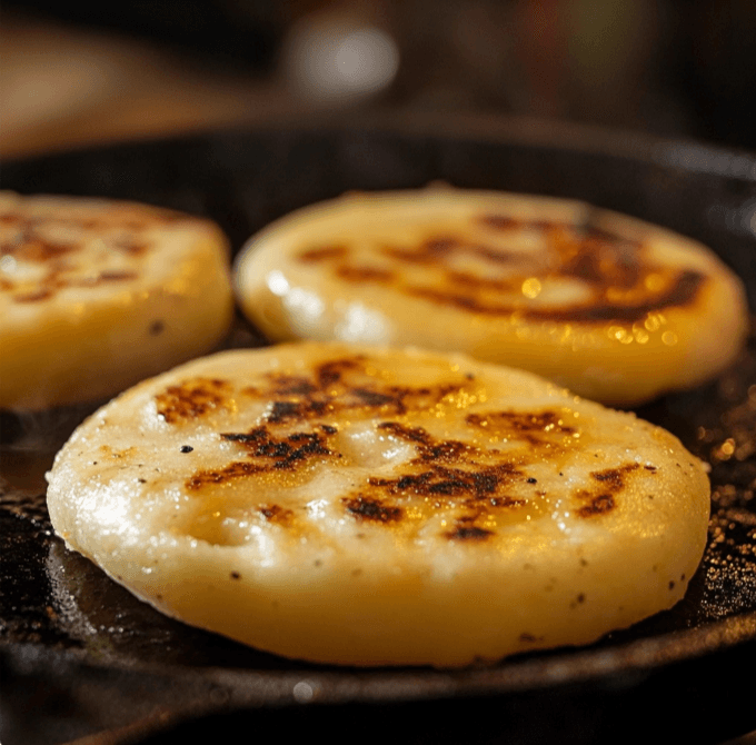 Close-up of Arepa Antioqueña being cooked on a traditional Colombian griddle.