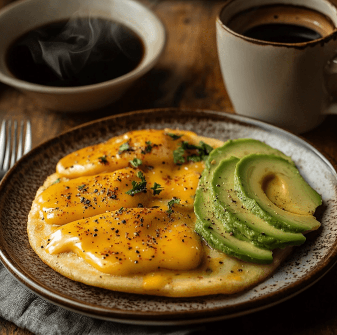 A plate of Arepa Antioqueña topped with melted cheese, avocado slices, and hogao sauce