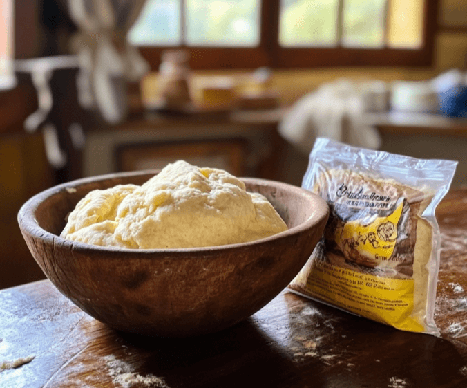 Hands kneading arepa dough in a wooden bowl, with pre-cooked cornmeal visible.