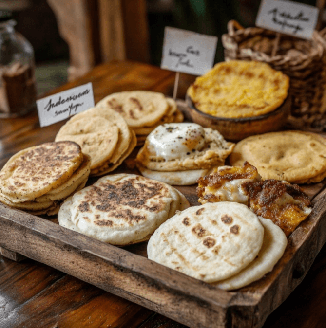 A variety of Colombian arepas, including Arepa Antioqueña, Arepa de Choclo, and Arepa Santandereana, served on a wooden tray